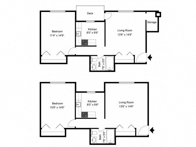 Floor plan for 1 bed, 1 bath, 750 sqft